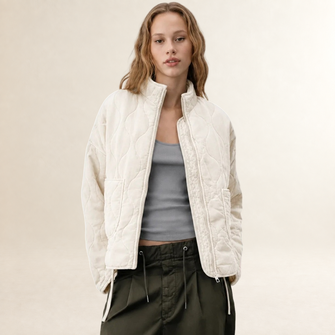 Damen Steppjacke mit hohem Kragen und großen Pattentaschen - Relaxter Schnitt