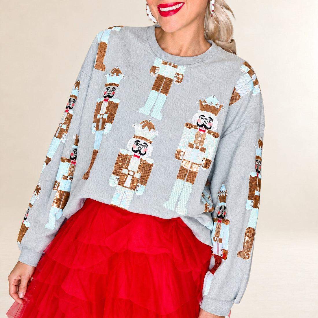 Damen Sweatshirt Rundhals Allover Pailletten-Nussknacker-Motiv, Langarm, lockerer Schnitt