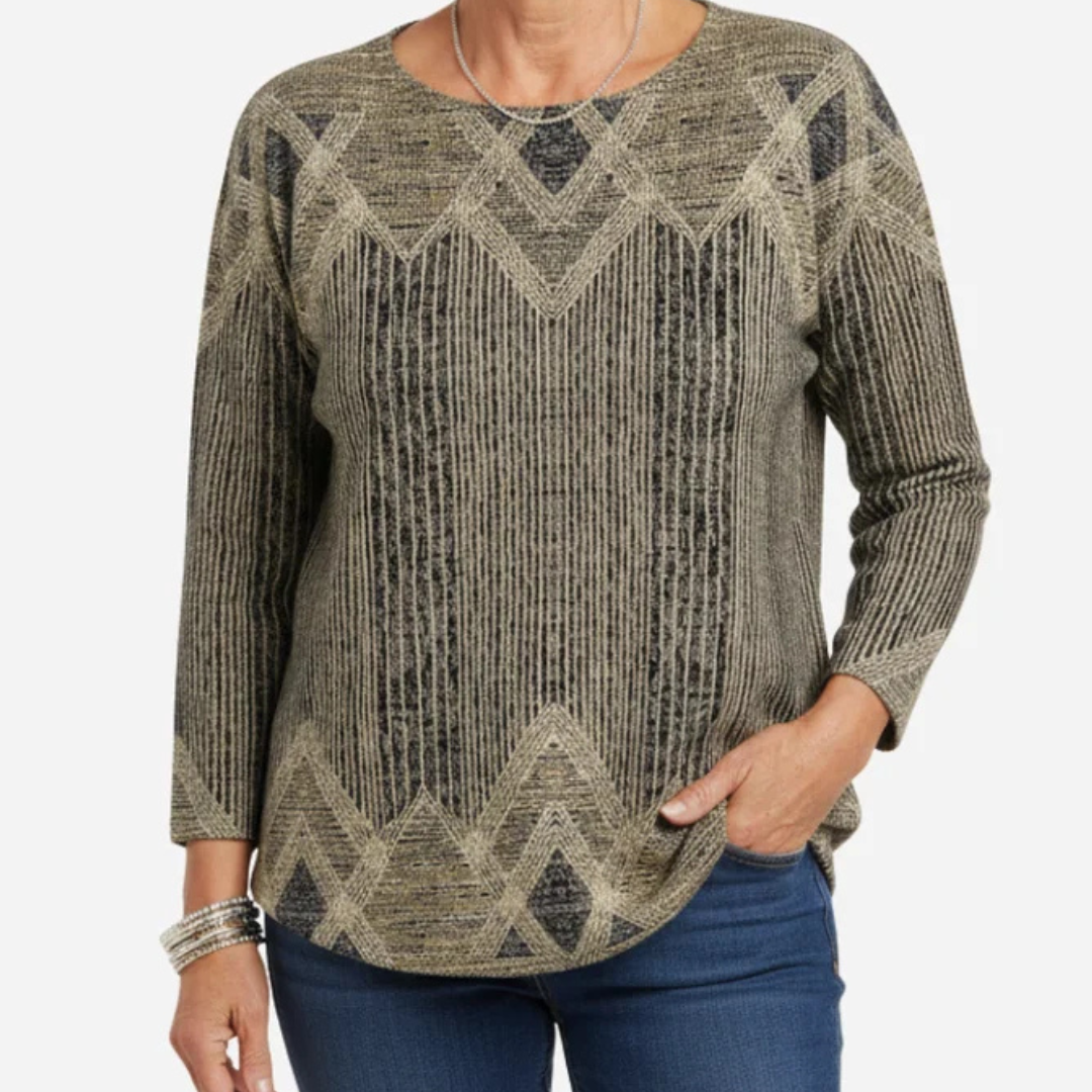 Damen-Tunika-Bluse, Rundhals, lange Ärmel, lockerer Schnitt, geometrisches Diamantmuster