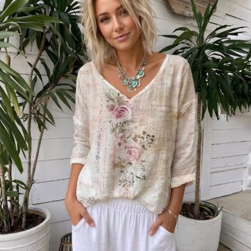 Damenbluse mit V-Ausschnitt, lange Ärmel, lockerer Schnitt, Vintage-Blumenprint