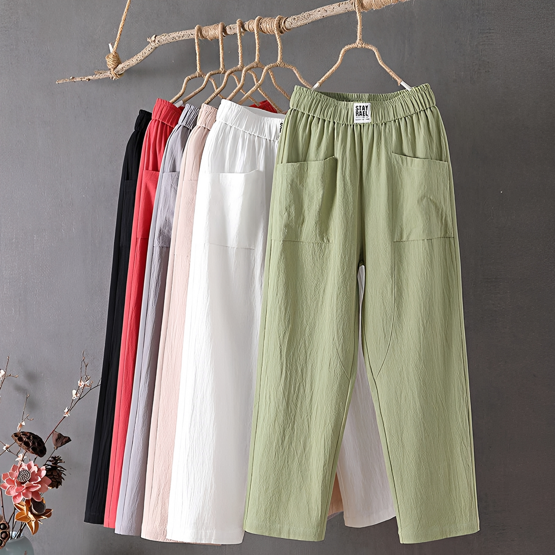 Damenhose mit weitem Bein, 7/8-Länge, elastischer Bund, Front-Patchtaschen