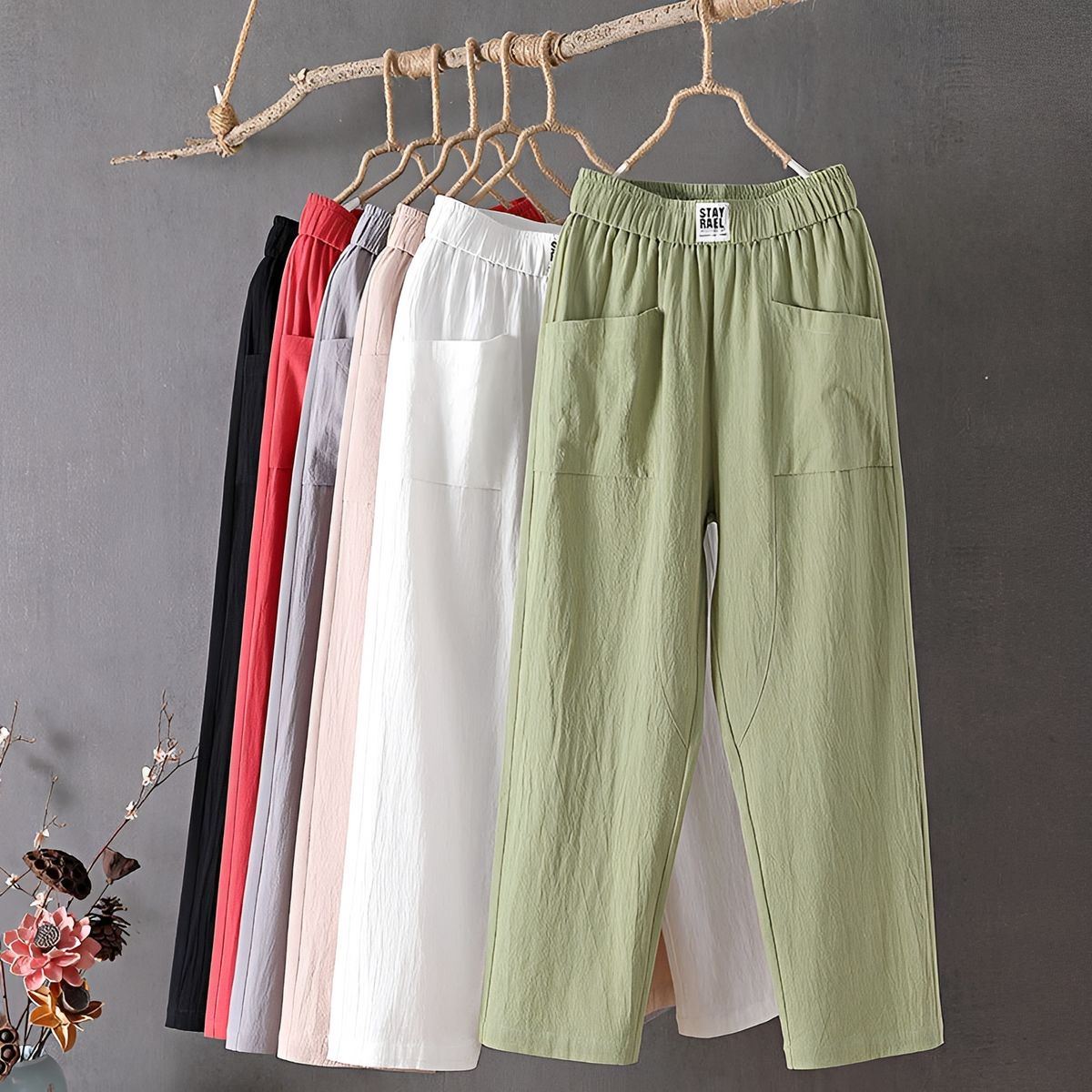 Damenhose mit weitem Bein, 7/8-Länge, elastischer Bund, Front-Patchtaschen