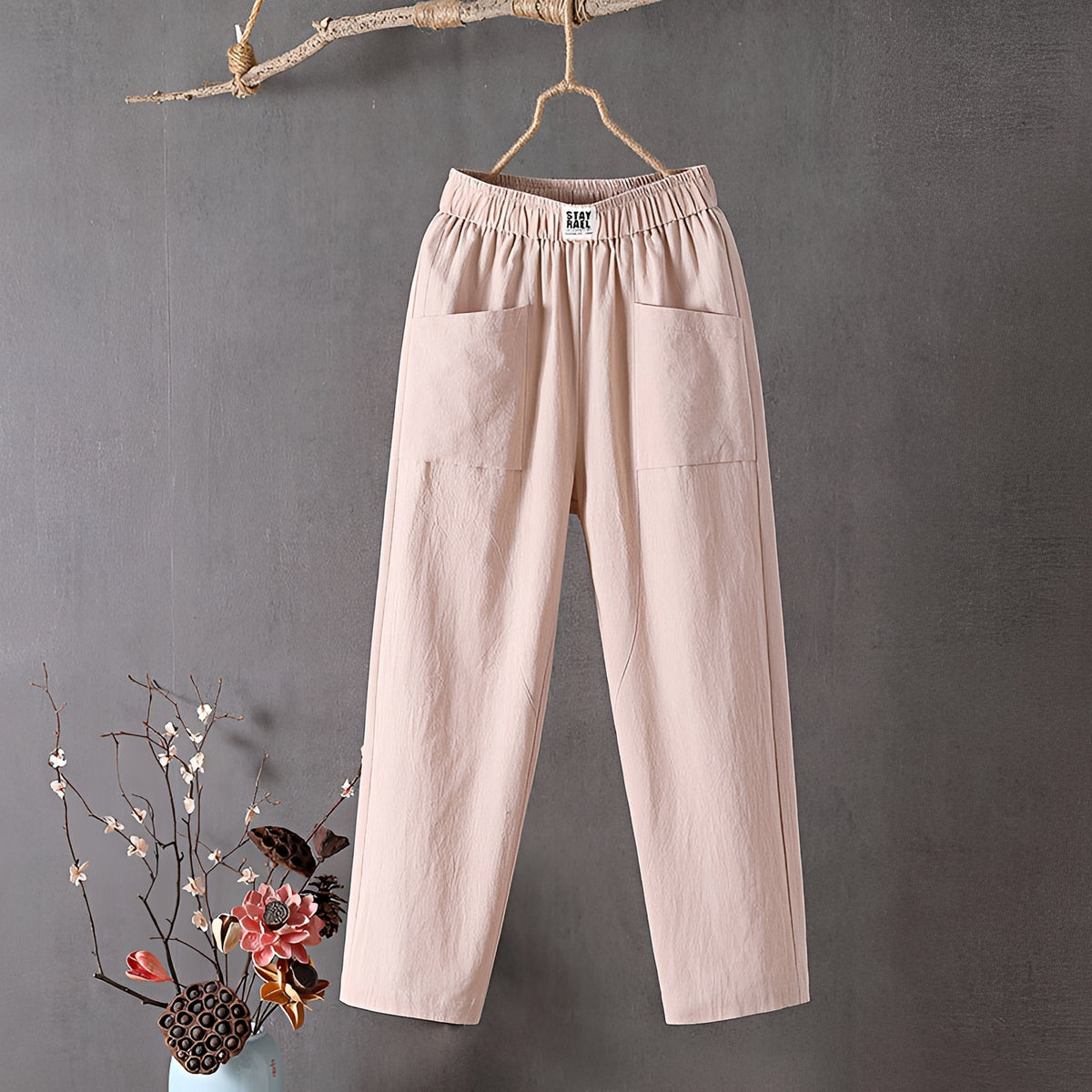 Damenhose mit weitem Bein, 7/8-Länge, elastischer Bund, Front-Patchtaschen