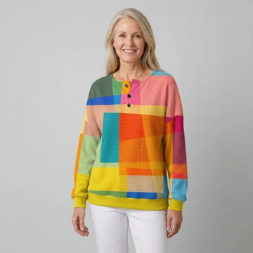 Frauen Henley-Bluse, Langarm, geometrischer Blockdruck, lockerer Tunika-Schnitt