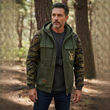Herren Full-Zip Kapuzenjacke mit Utility-Taschen und Deer Graphic – lose Passform, Raglanärmel