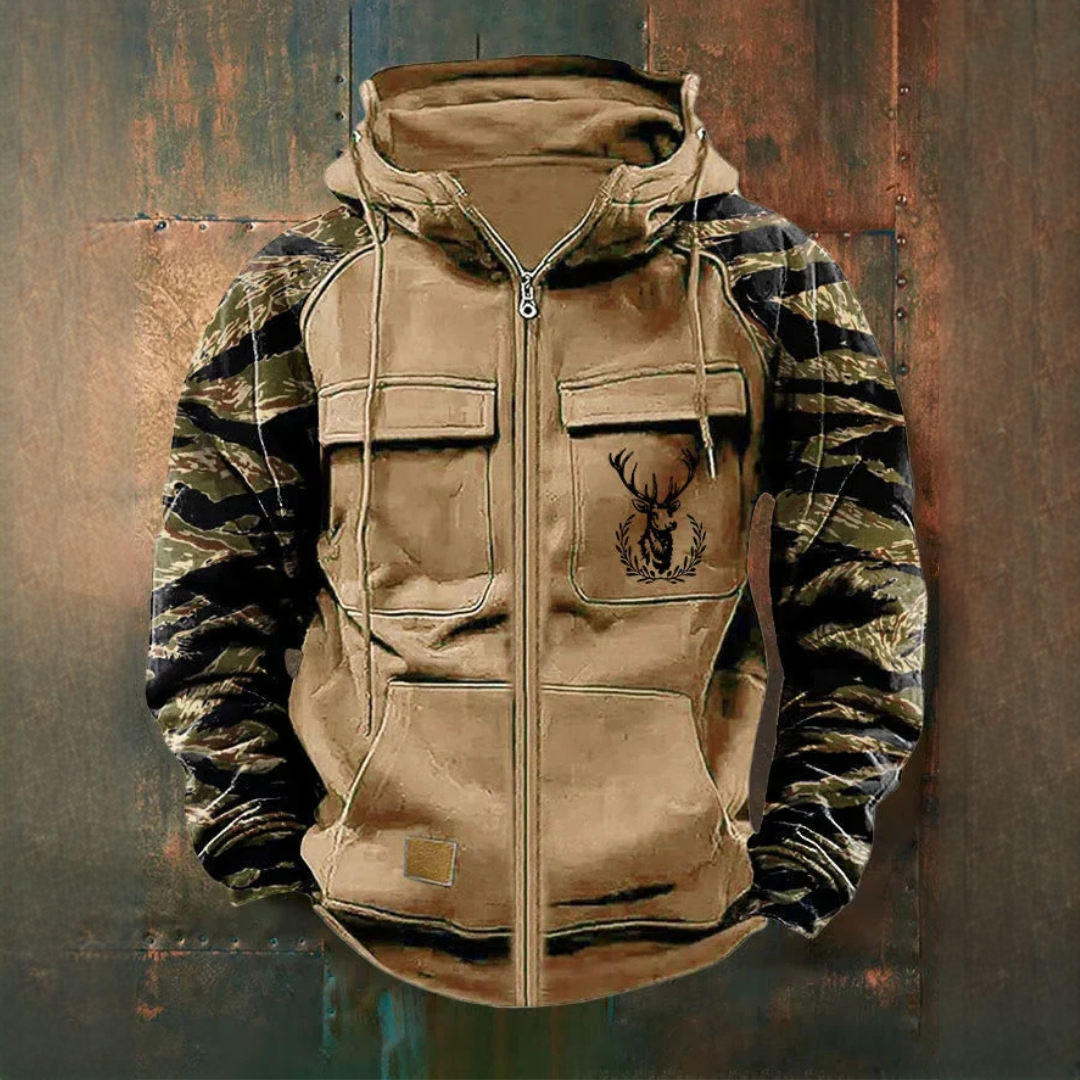 Herren Full-Zip Kapuzenjacke mit Utility-Taschen und Deer Graphic – lose Passform, Raglanärmel