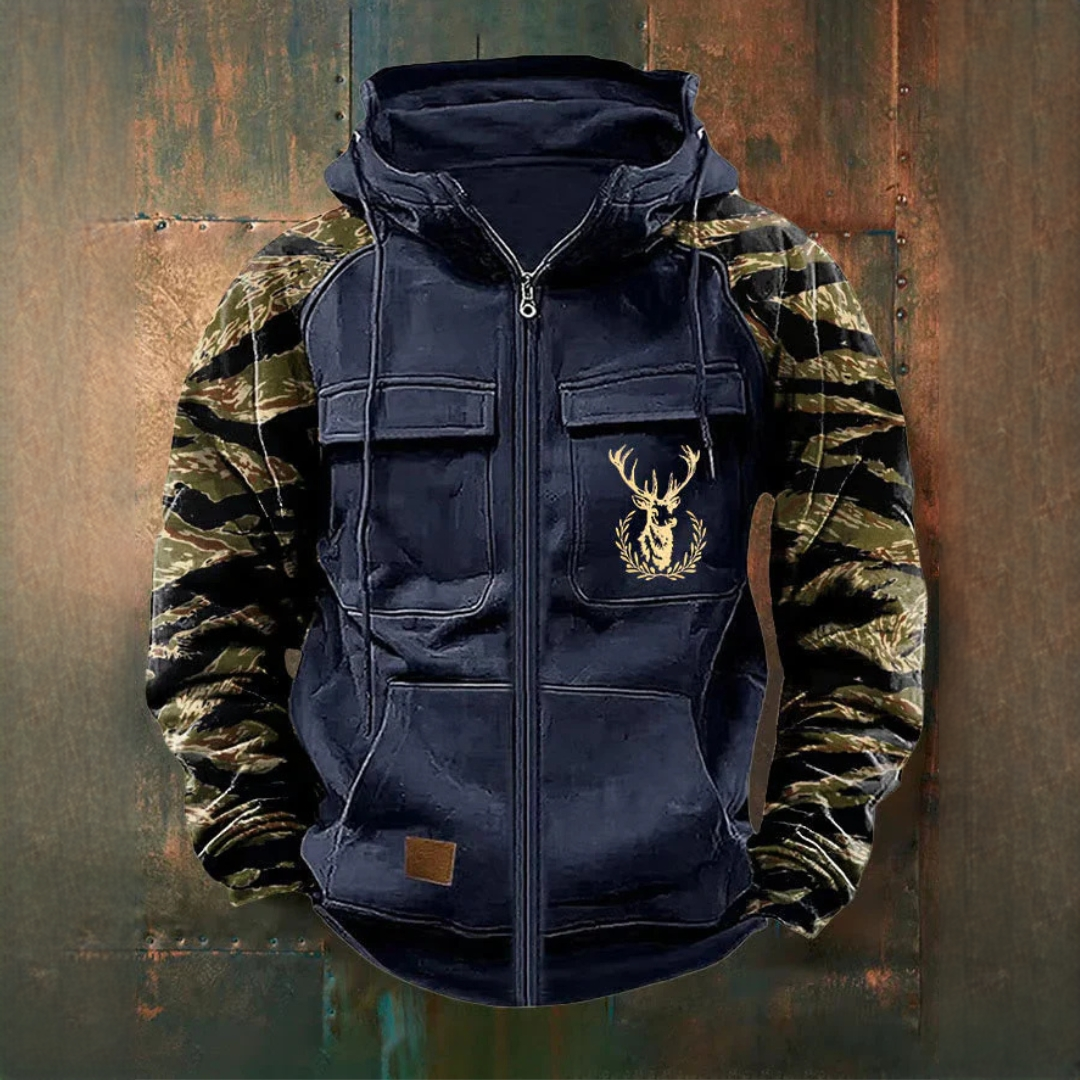 Herren Full-Zip Kapuzenjacke mit Utility-Taschen und Deer Graphic – lose Passform, Raglanärmel