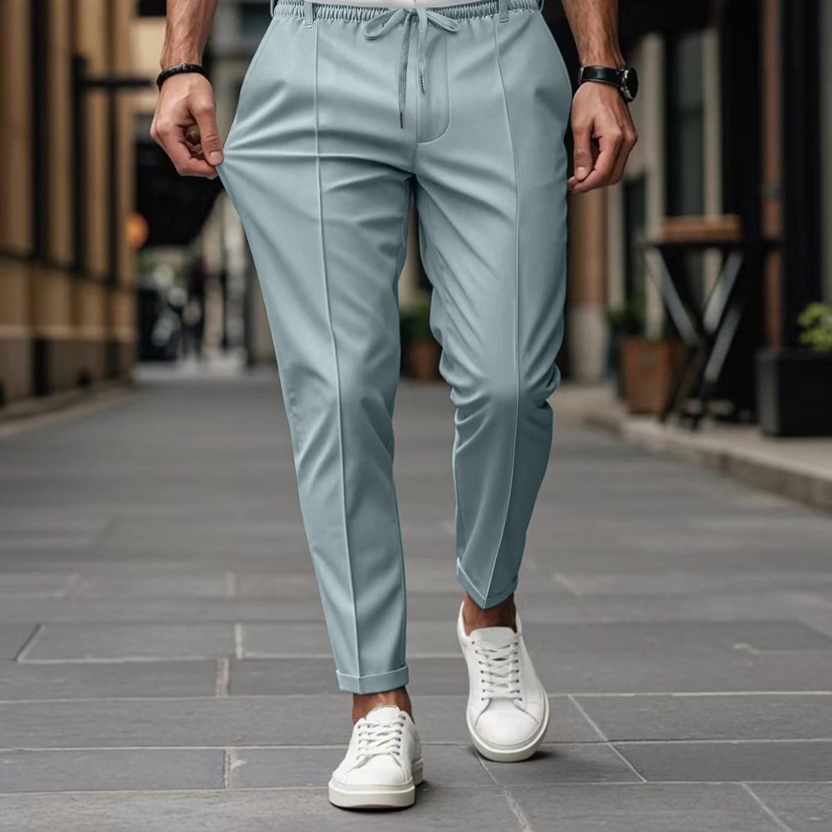Herren Hose mit elastischem Bund und Bindegürtel - gerader Beinverlauf, Frontfalte, taillierte Optik