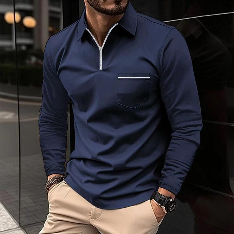 Herren Langarm-Polohemd mit Brusttasche und Stehkragen-Kragen-Design