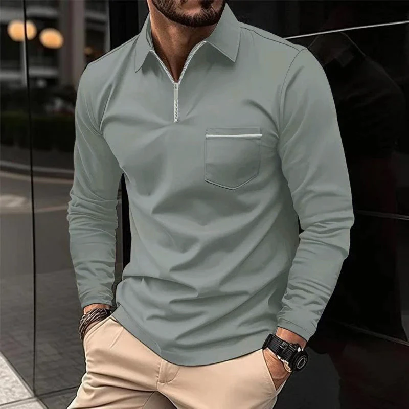 Herren Langarm-Polohemd mit Brusttasche und Stehkragen-Kragen-Design