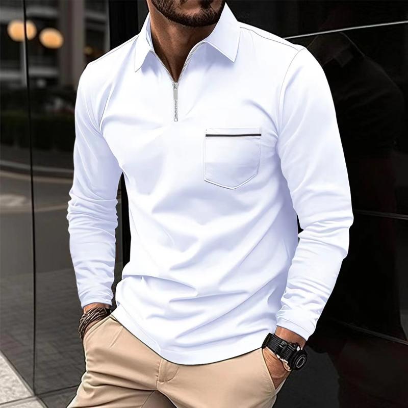Herren Langarm-Polohemd mit Brusttasche und Stehkragen-Kragen-Design