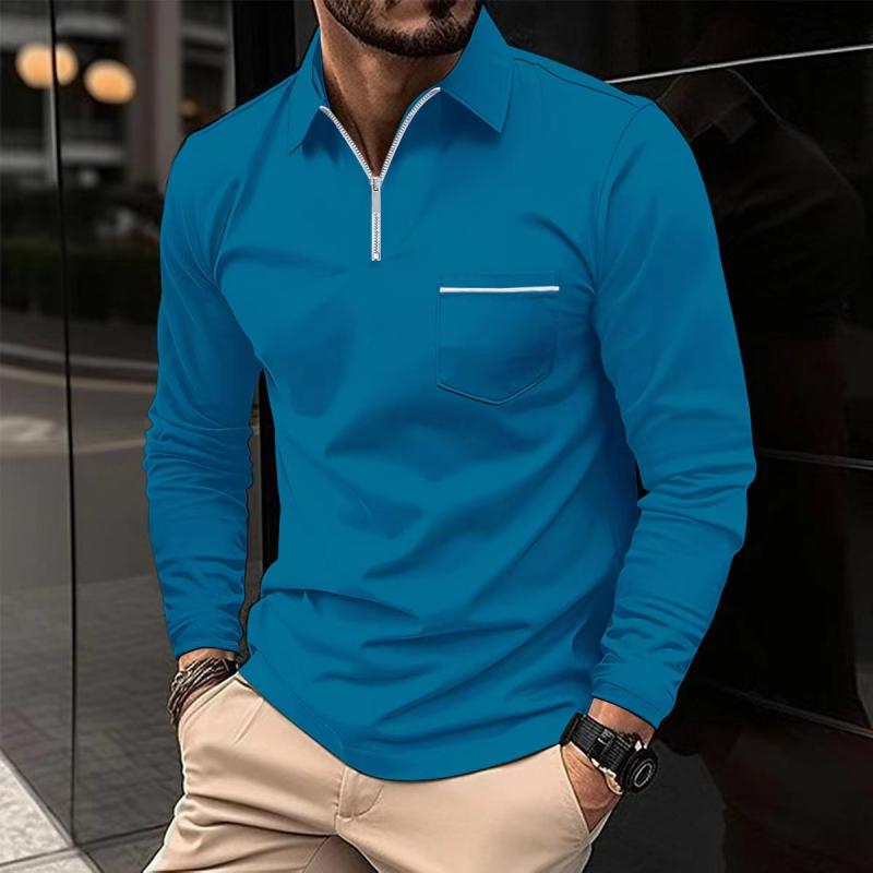 Herren Langarm-Polohemd mit Brusttasche und Stehkragen-Kragen-Design