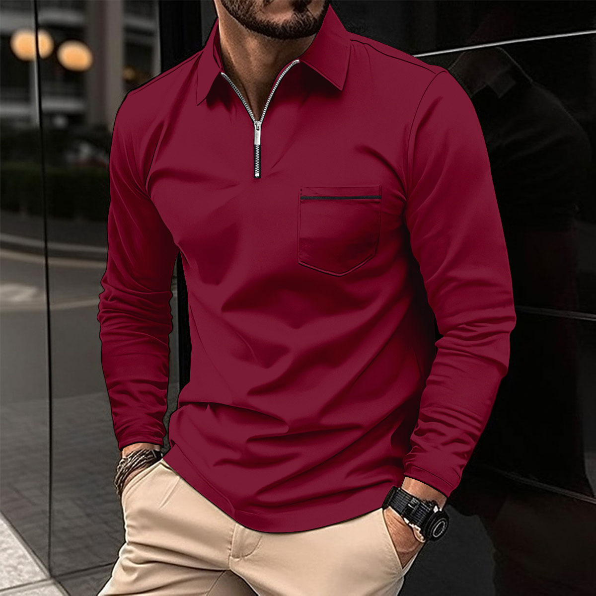 Herren Langarm-Polohemd mit Brusttasche und Stehkragen-Kragen-Design