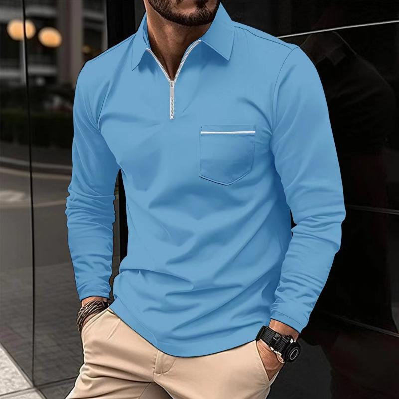 Herren Langarm-Polohemd mit Brusttasche und Stehkragen-Kragen-Design