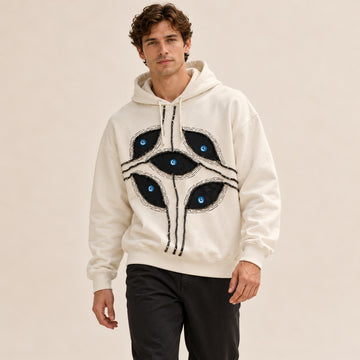 Herren Pullover-Hoodie mit Patchwork-Applikation in Augenmotiven, cropped oversize Passform