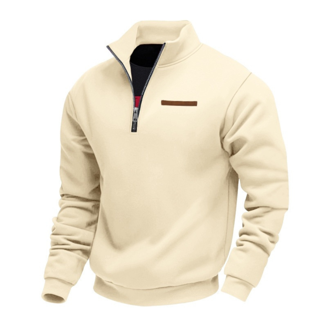 Herren Pullover mit Stehkragen – Halbreißverschluss, entspannter Schnitt, Brust-Patch