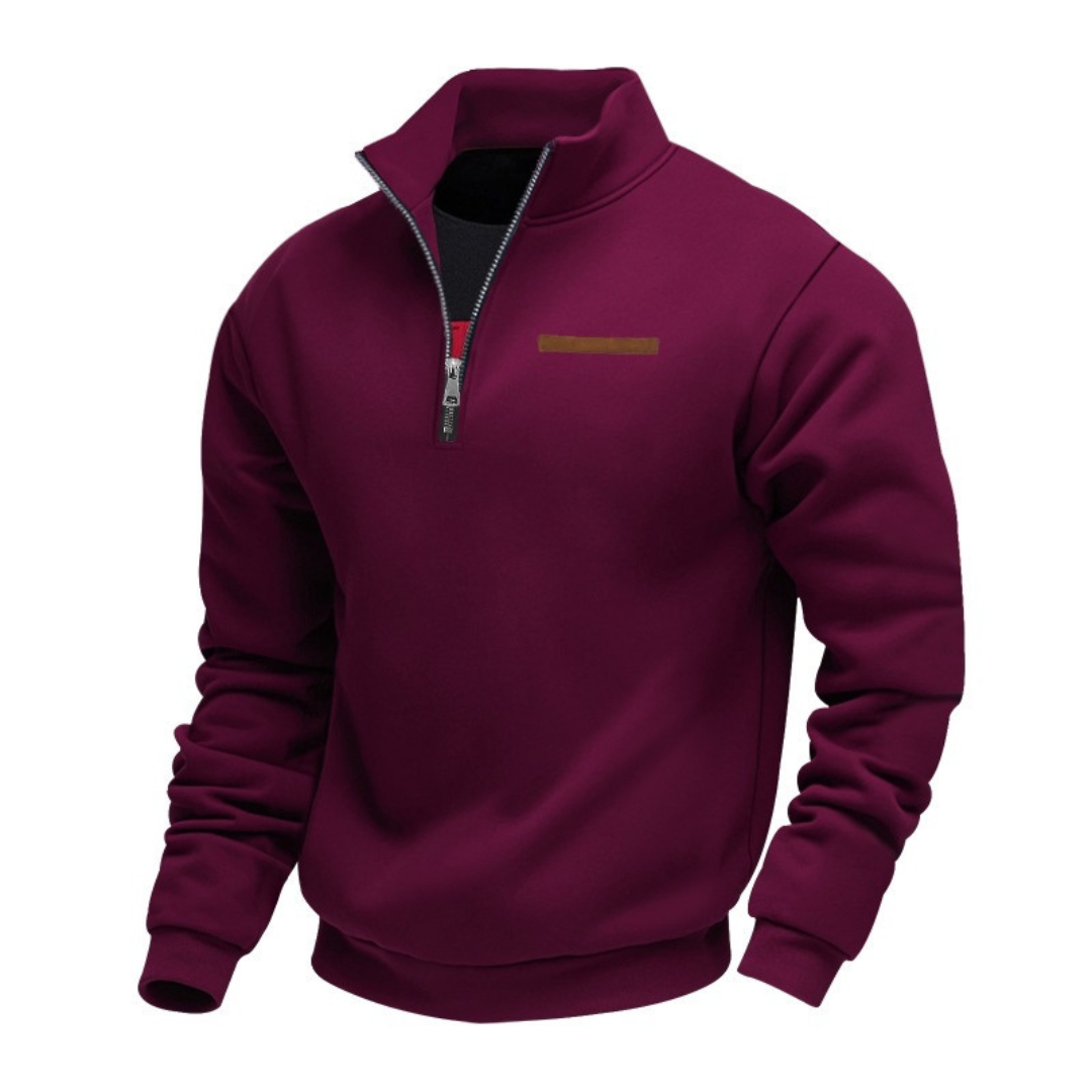 Herren Pullover mit Stehkragen – Halbreißverschluss, entspannter Schnitt, Brust-Patch