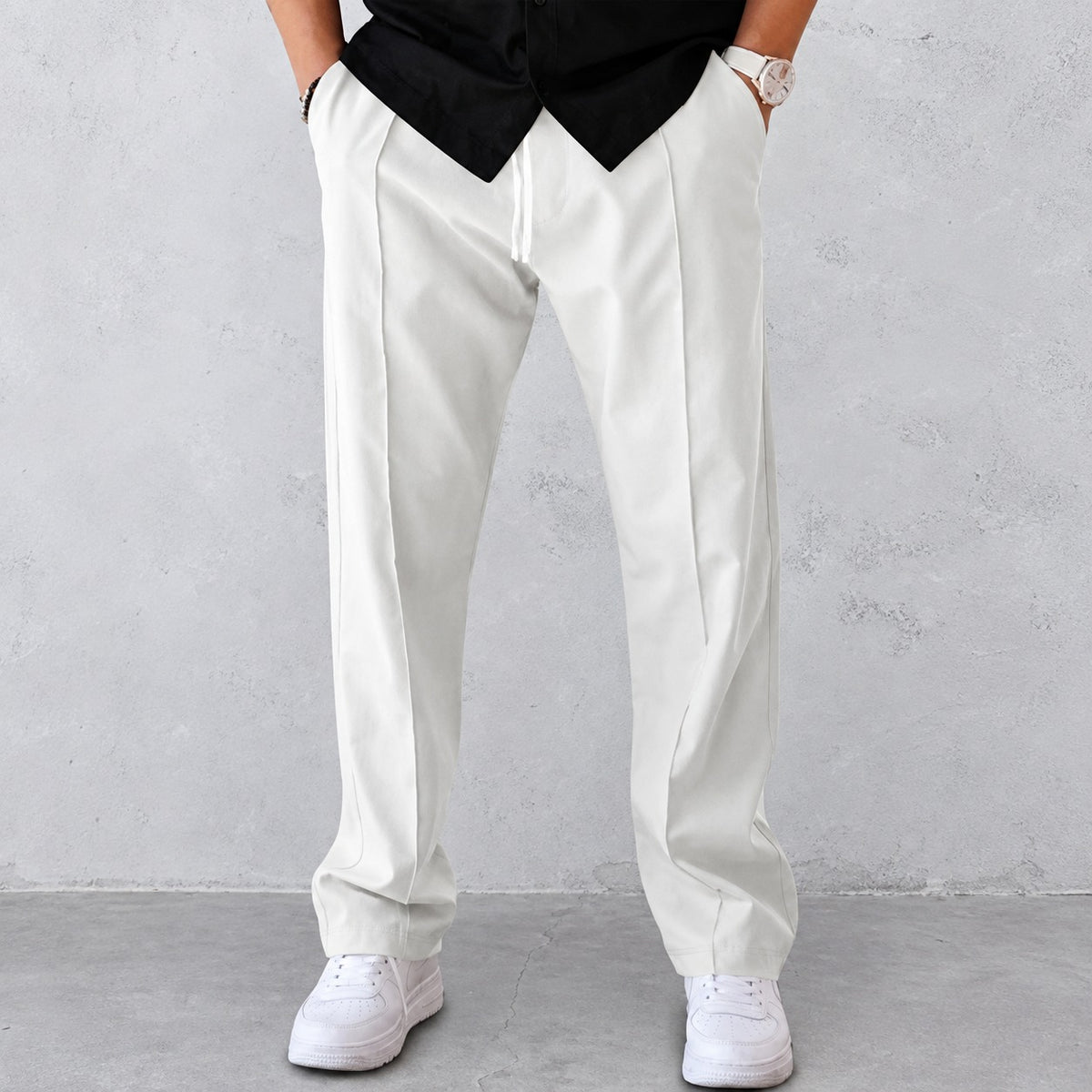 Herren Stoffhose mit Falten, elastischem Bund und Seitentaschen