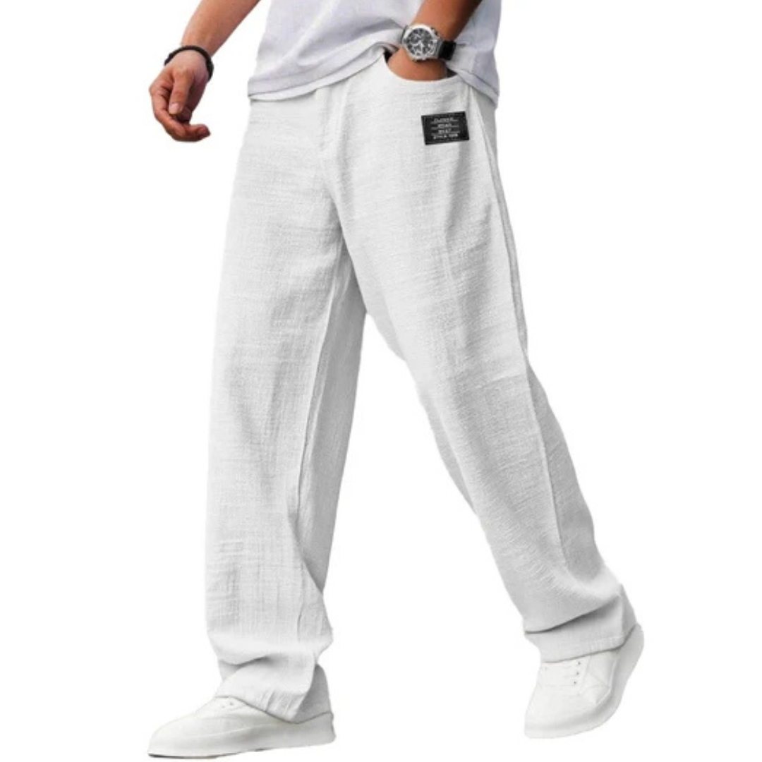 Herren Straight-Leg Pants – elastischer Bund mit Drawstring, seitliche Eingrifftaschen, elastische Taille, gerades Bein, Patch-Detail