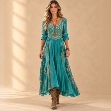 Kleid Damen Midi-V-Ausschnitt Langarm Boho Patchwork-Print Lockere Passform
