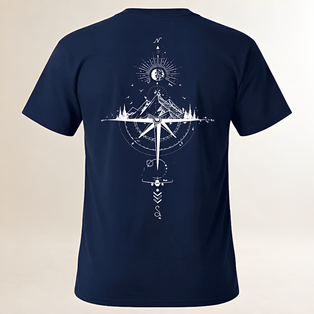 Männer T-Shirt Rundhals Kurzarm Kompass & Berg Rücken Grafik Regularer Schnitt