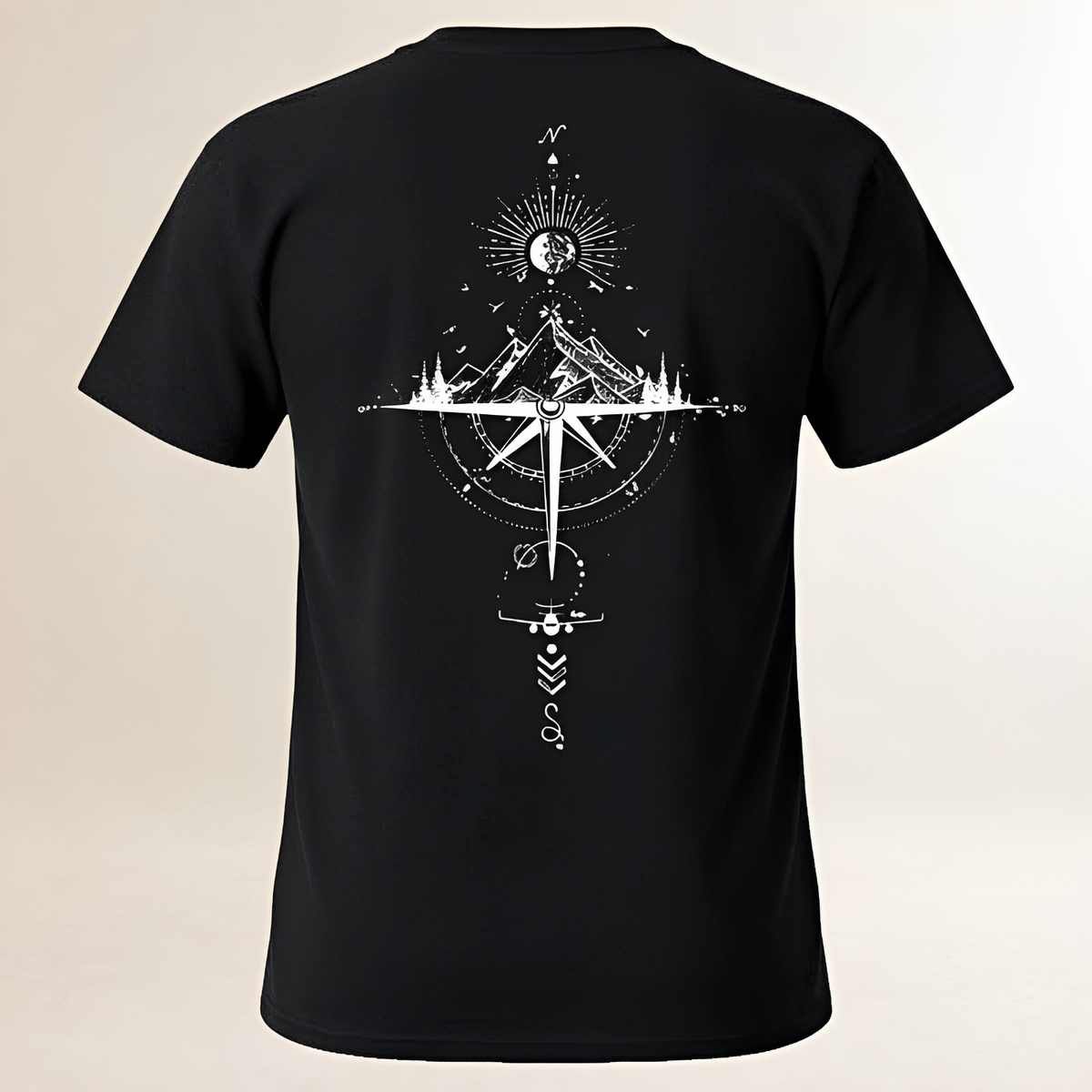 Männer T-Shirt Rundhals Kurzarm Kompass & Berg Rücken Grafik Regularer Schnitt