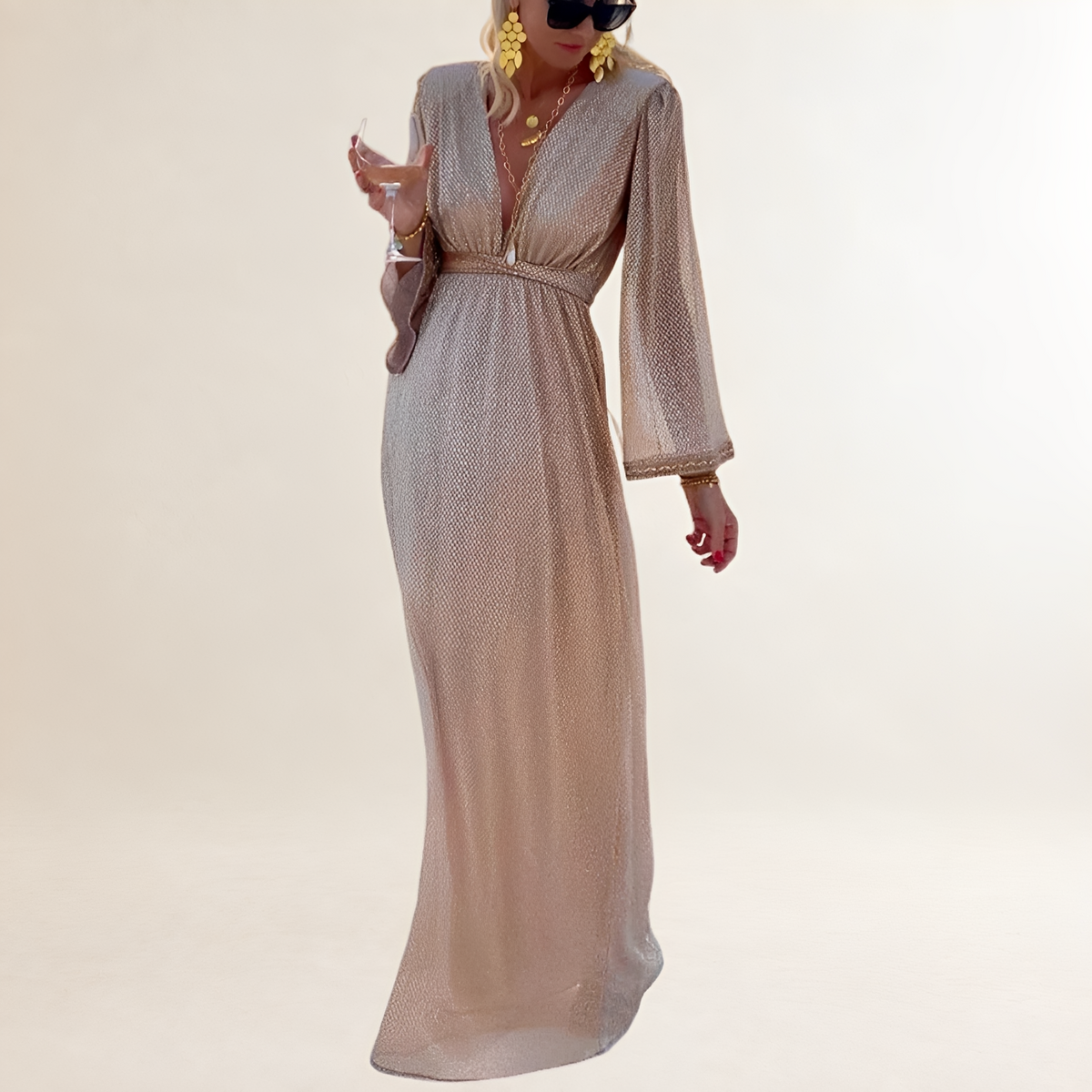 Maxikleid Damen V-Ausschnitt Glitzer Glockenärmel Empire-Taille
