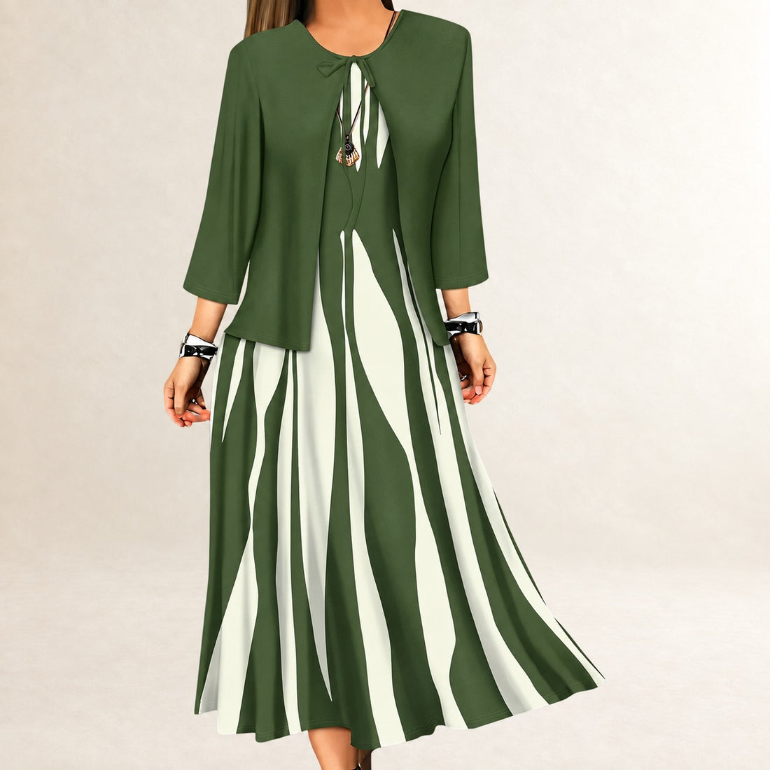Zweiteiliges Kleiderset Damen – Ärmelloses A-Linien Maxi-Kleid, offene Jacke mit Drei-Viertel-Ärmeln, Wellen-Vertikalstreifen