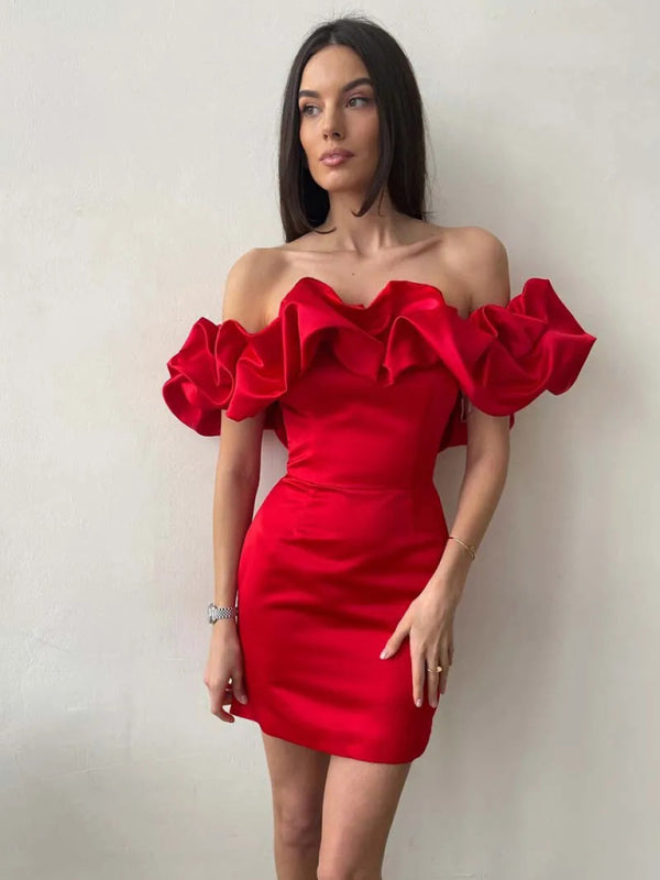 Waverly - Satin-Kleid mit schulterfreiem Rüschendetail