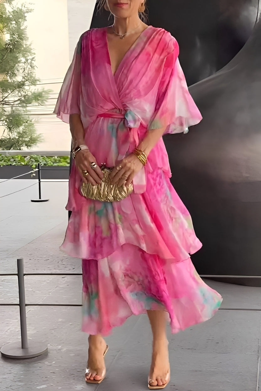 Jane - Damenkleid mit geblümtem Muster und V-Ausschnitt im Schichtenstil