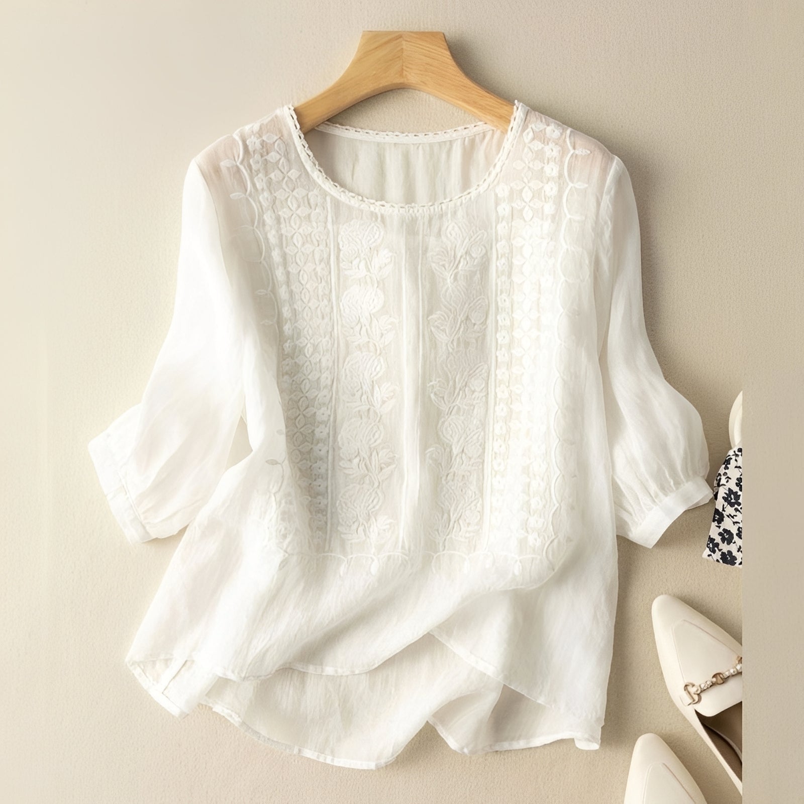Gretchen - Elegante bestickte Bluse mit 3/4-Ärmeln für Frauen