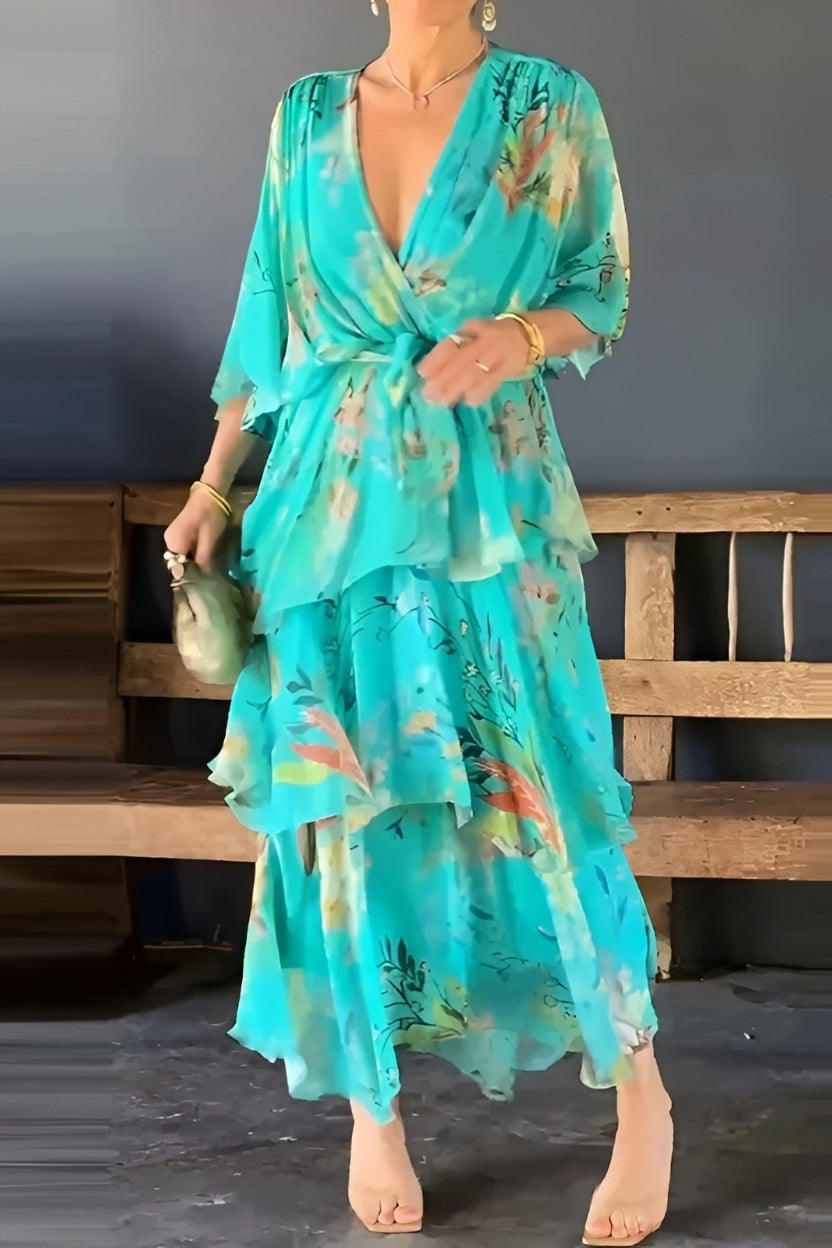 Jane - Damenkleid mit geblümtem Muster und V-Ausschnitt im Schichtenstil